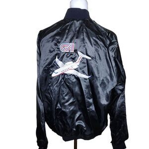 Vintage 80s Satin Snap Bomber Jacket Mens L Black Plane Aviation Flying